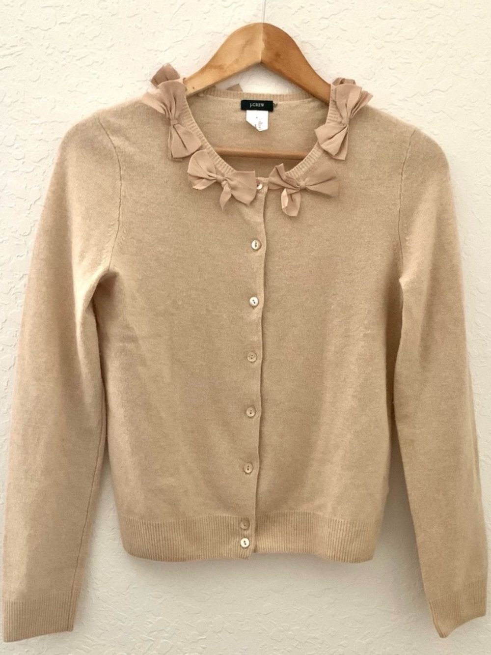 J. Crew Beige Bow-Cashmere Trim Button-Up Cardigan Sweater